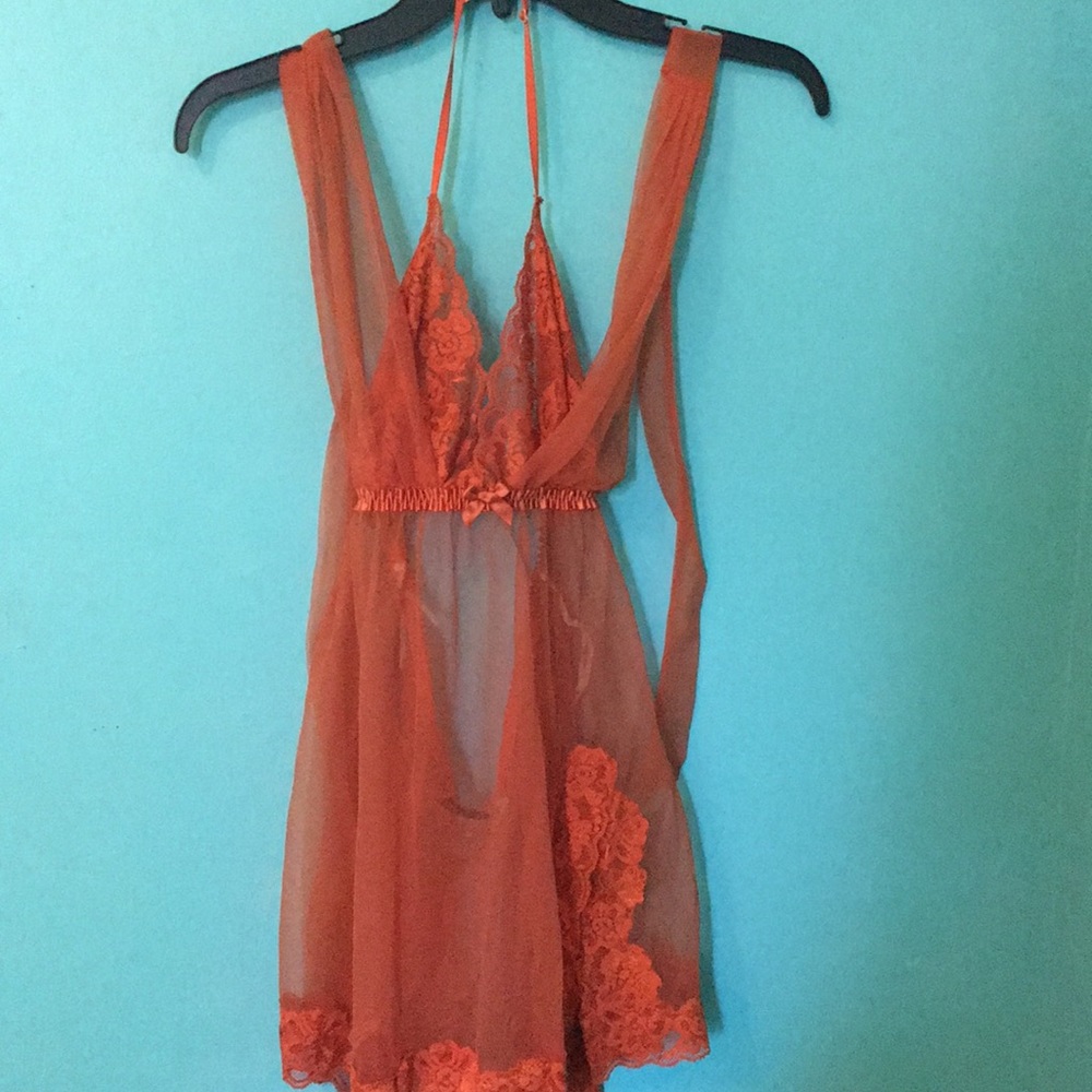 LACY ORANGE LINGERIE SLIP FROM FREDERICK’S W THONG
